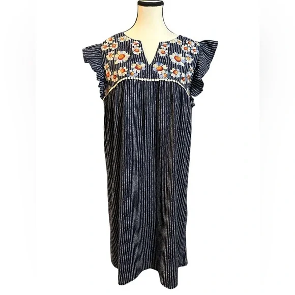 THML Navy Striped Dress with Floral Embroidery - Picture 1 of 7